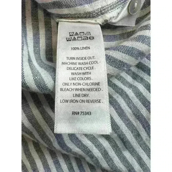 Tahari Linen Striped Hooded Button Front Top Large Roll Tab Sleeves Blue White - Picture 8 of 8